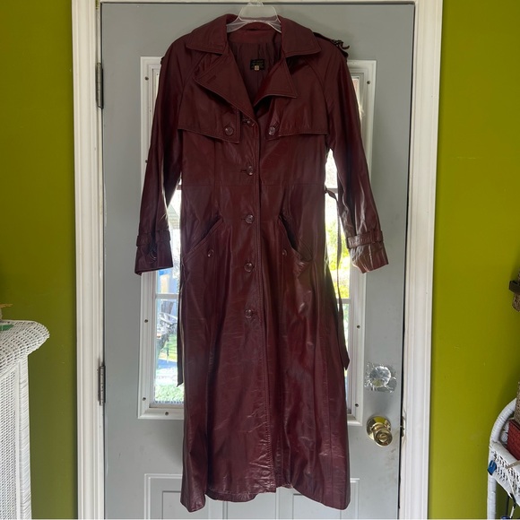 Unbranded Jackets & Blazers - Long Women's Oxblood Leather Trench Coat 70’s Belted Small